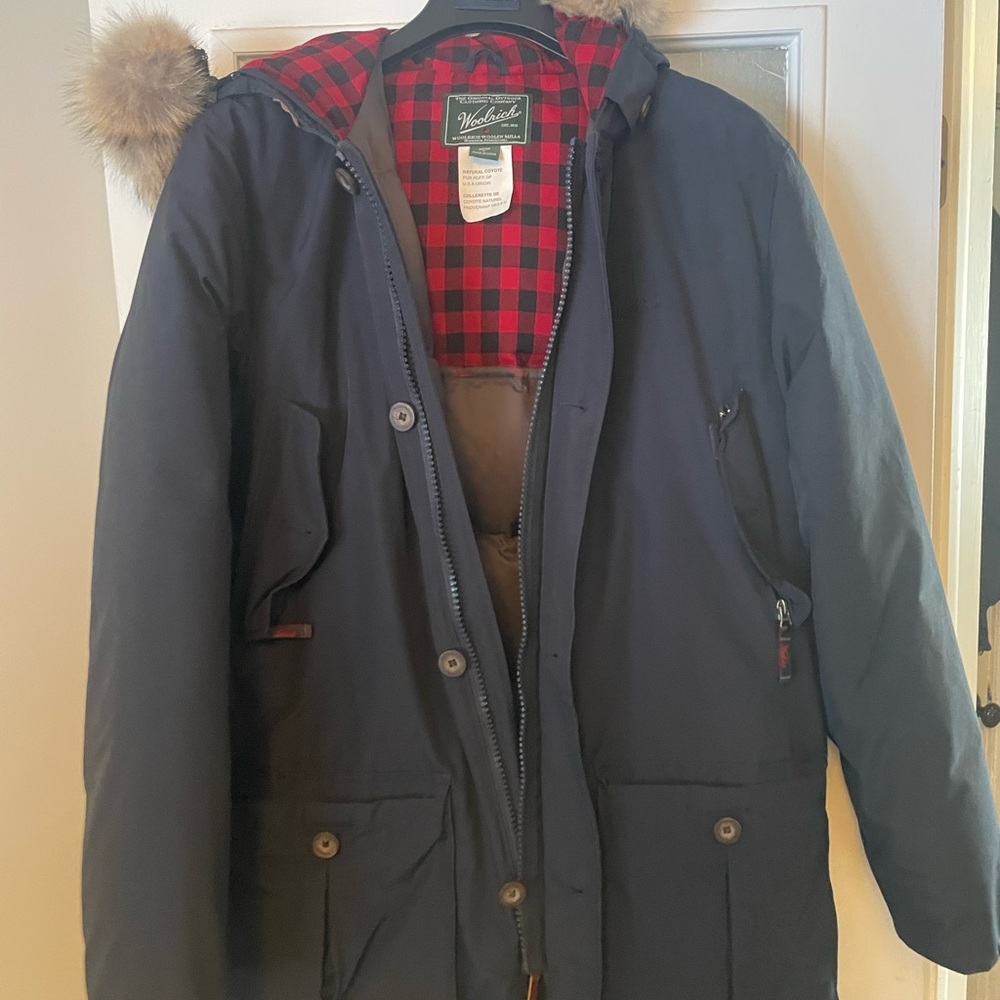 Woolrich Men's Dark Gray Puffer with Red Plaid Lining